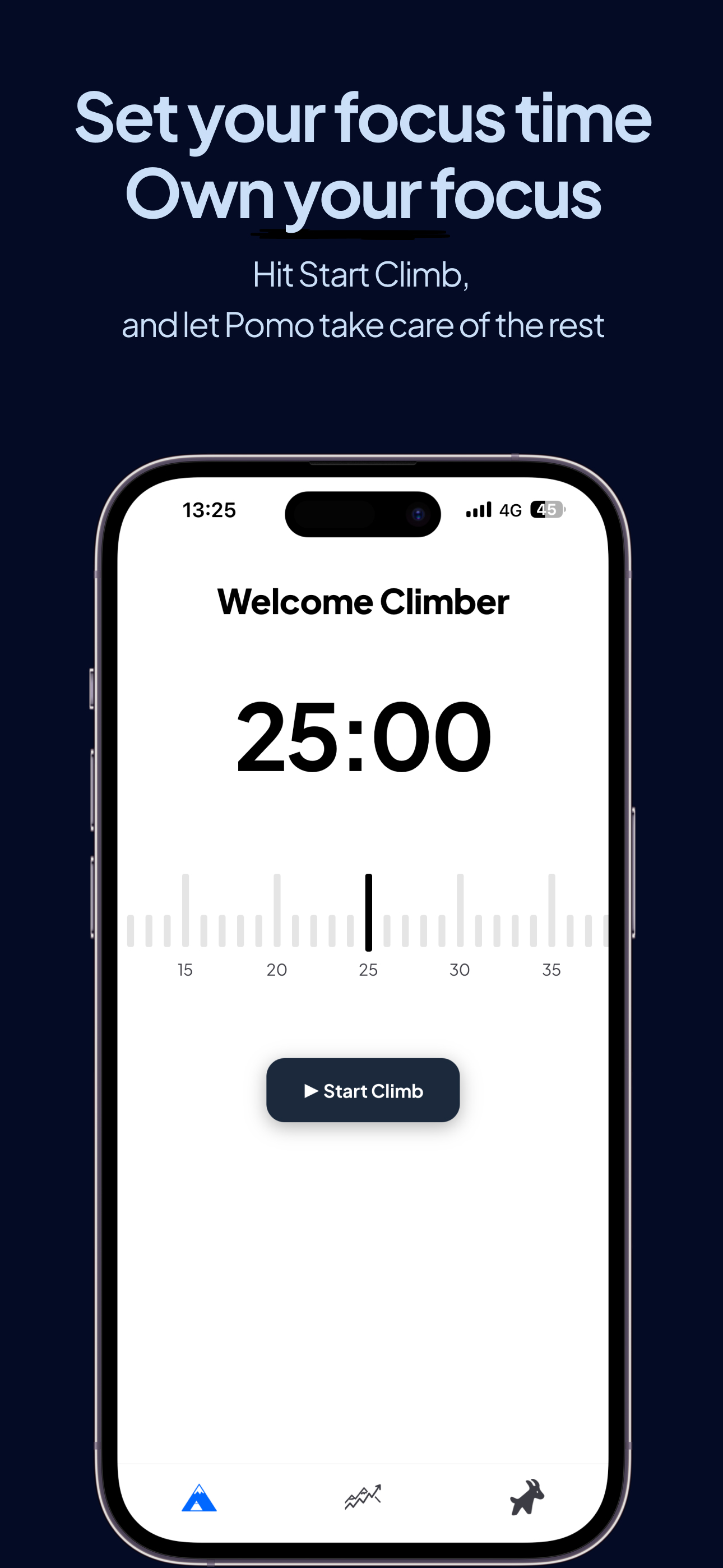 Pomo home — set your focus time and start climbing