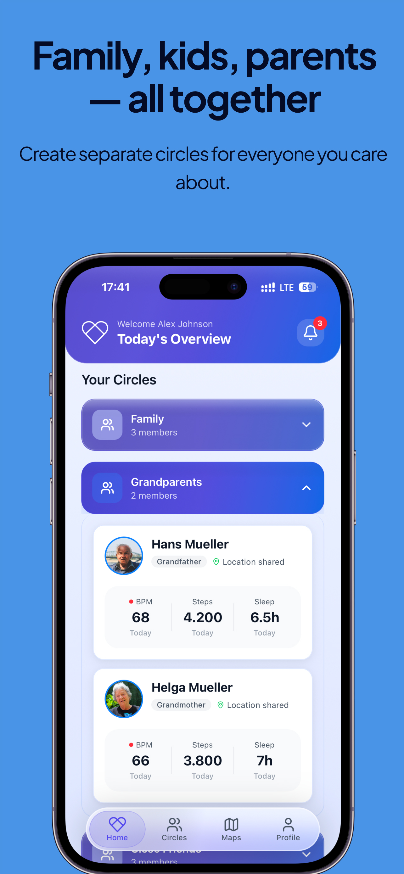 SafeSense circles — separate groups for family, kids, parents