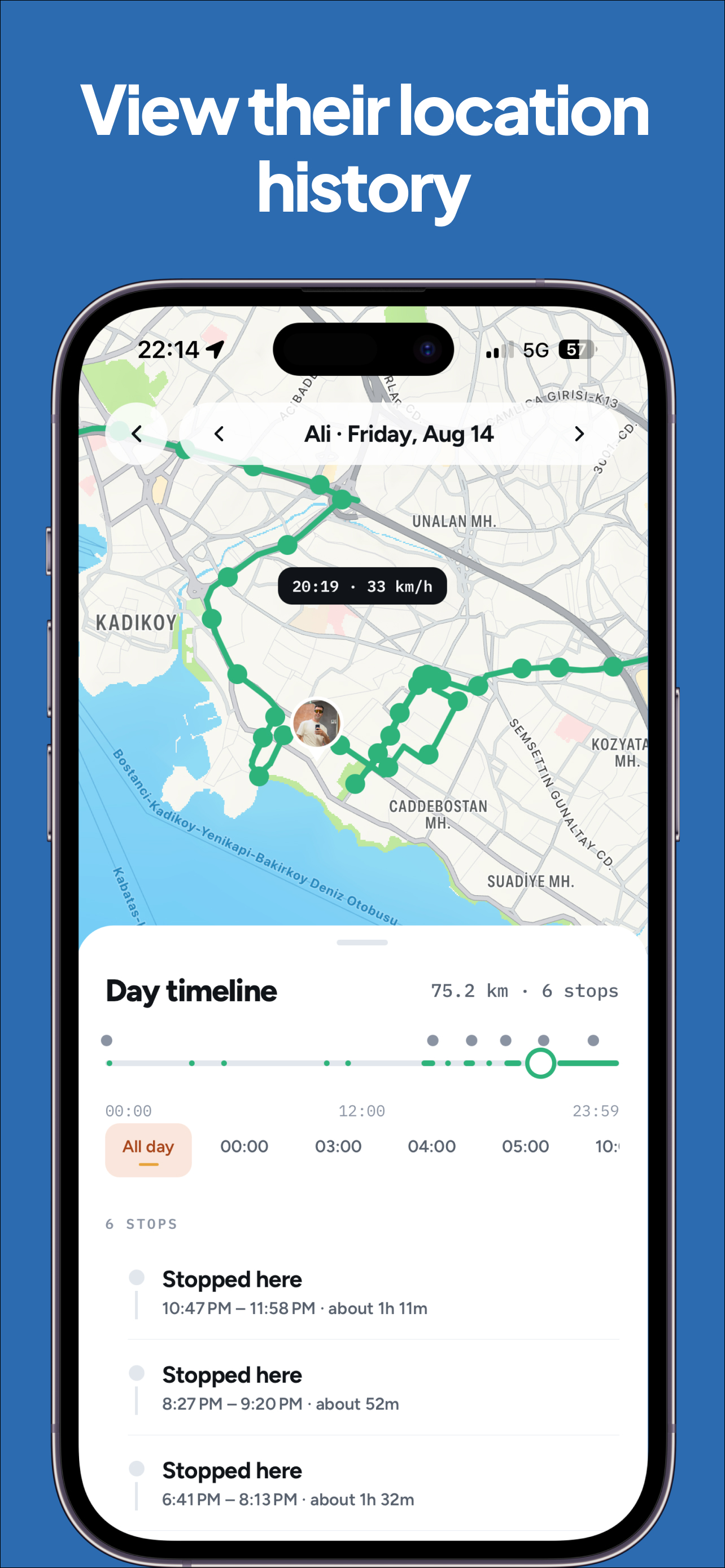 SafeSense day timeline — location history with stops and distances