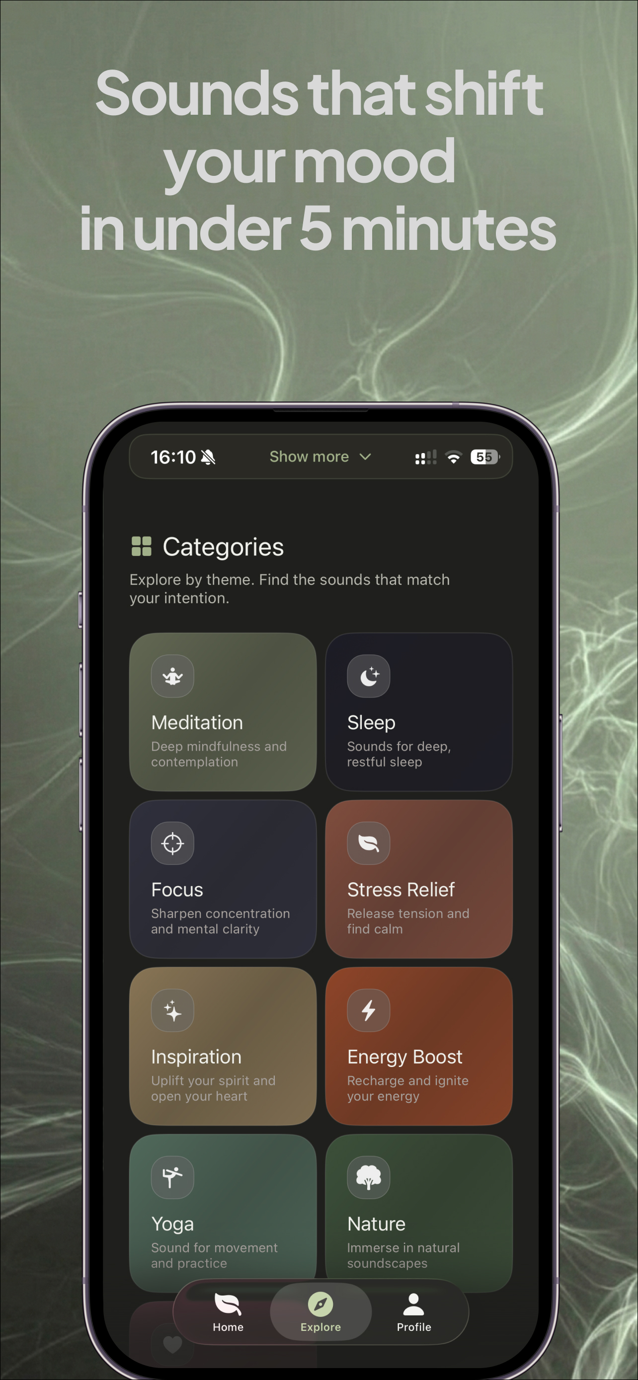 Sounda categories — Meditation, Sleep, Focus, Stress Relief and more