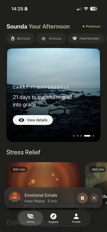 Sounda home screen — mood-based journeys and stress relief sessions